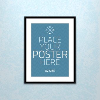 Vector poster template of a blank paper sheet in frame, placed in interior.